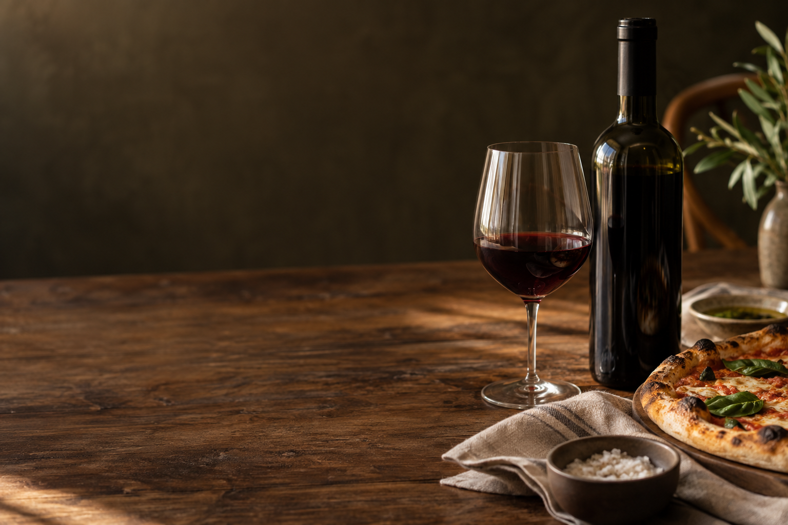 Taça de vinho tinto e garrafa sem rótulo junto a uma pizza, em uma mesa de madeira