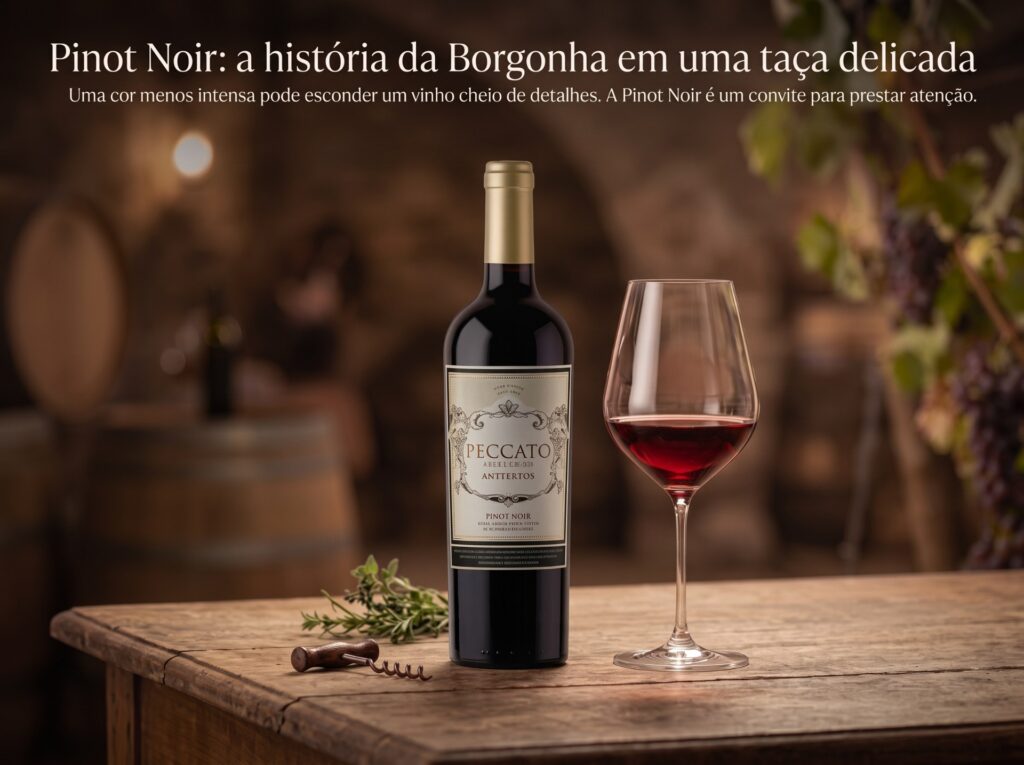 A composição destaca a garrafa de Peccato di Vino Pinot Noir ao lado de uma taça bojuda estilo Borgonha, ressaltando a coloração rubi translúcida e delicada característica da casta, ambientada com uma iluminação quente e sofisticada.