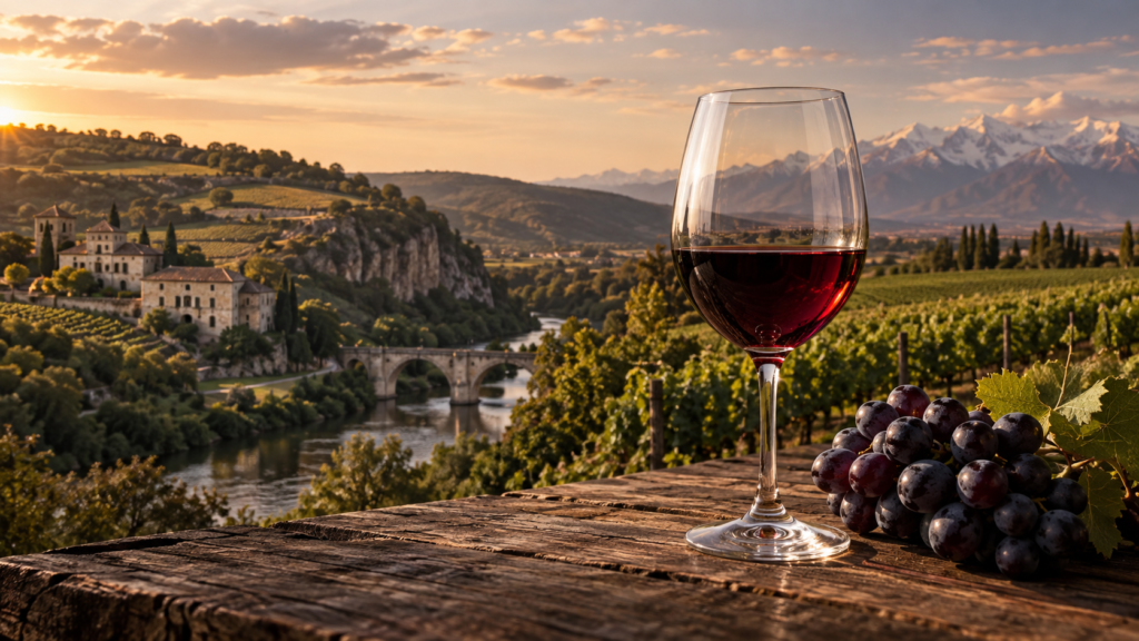 Taça de vinho tinto e cacho de uvas escuras sobre uma mesa rústica ao pôr do sol. Ao fundo, uma composição ilustrativa une uma vila francesa e vinhedos aos pés dos Andes, evocando a trajetória da Malbec da França à Argentina.