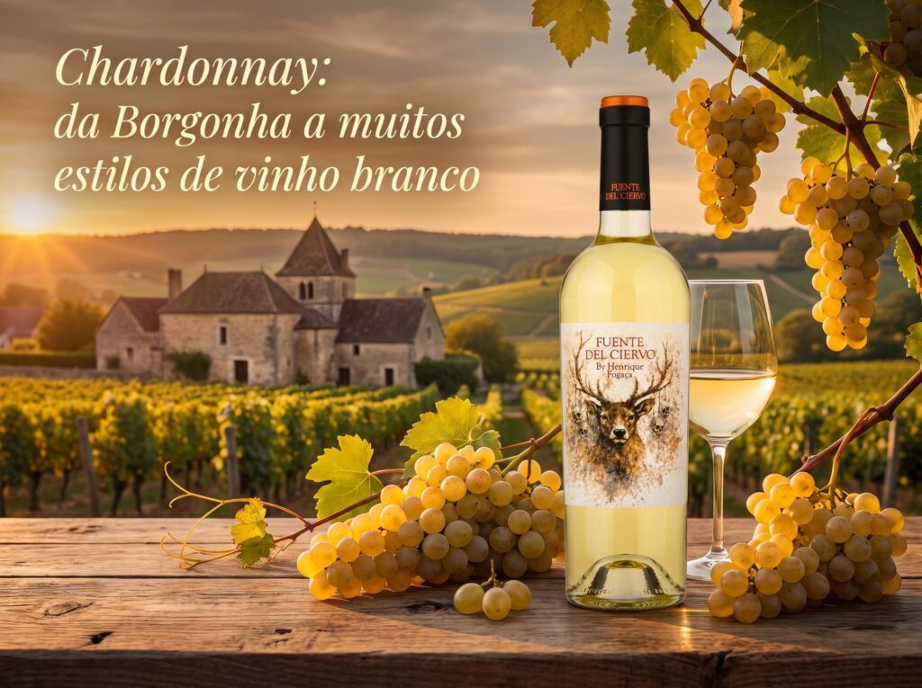 Um vinho Vinho Branco Fuente del Ciervo By Henrique Fogaça 2025m ao lado de uma taça com uvas Chardonnay em ambos os lado e ao fundo uma visão bonita de uma vinícola com uma casa grande