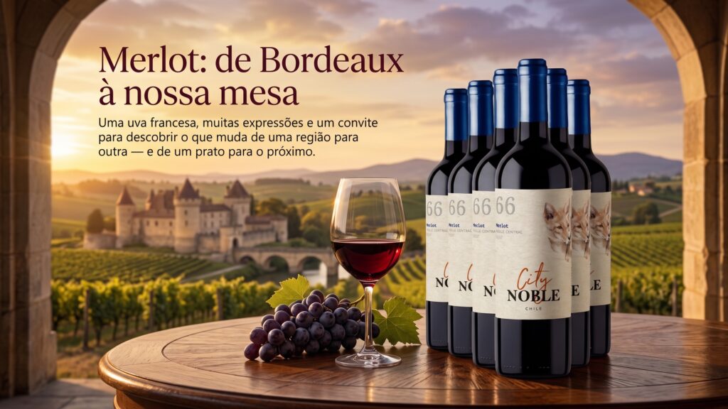 Uma taça de vinho tinto, uvas e seis garrafas sobre uma mesa de madeira ao pôr do sol, com vinhedos ao fundo e o texto do artigo sobre vinho Merlot.