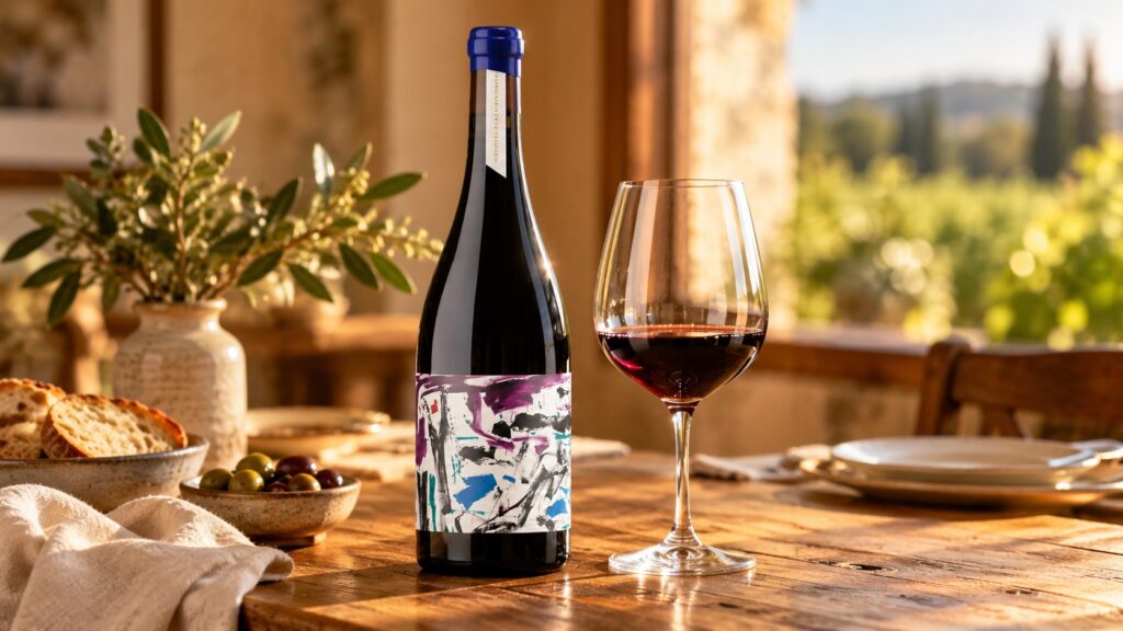 Garrafa de vinho com cápsula azul e rótulo abstrato em branco, roxo e azul, ao lado de uma taça de vinho tinto sobre uma mesa de madeira. Pães, azeitonas e um guardanapo de linho compõem a cena, iluminada pela luz dourada que entra pela janela, criando um ambiente acolhedor.