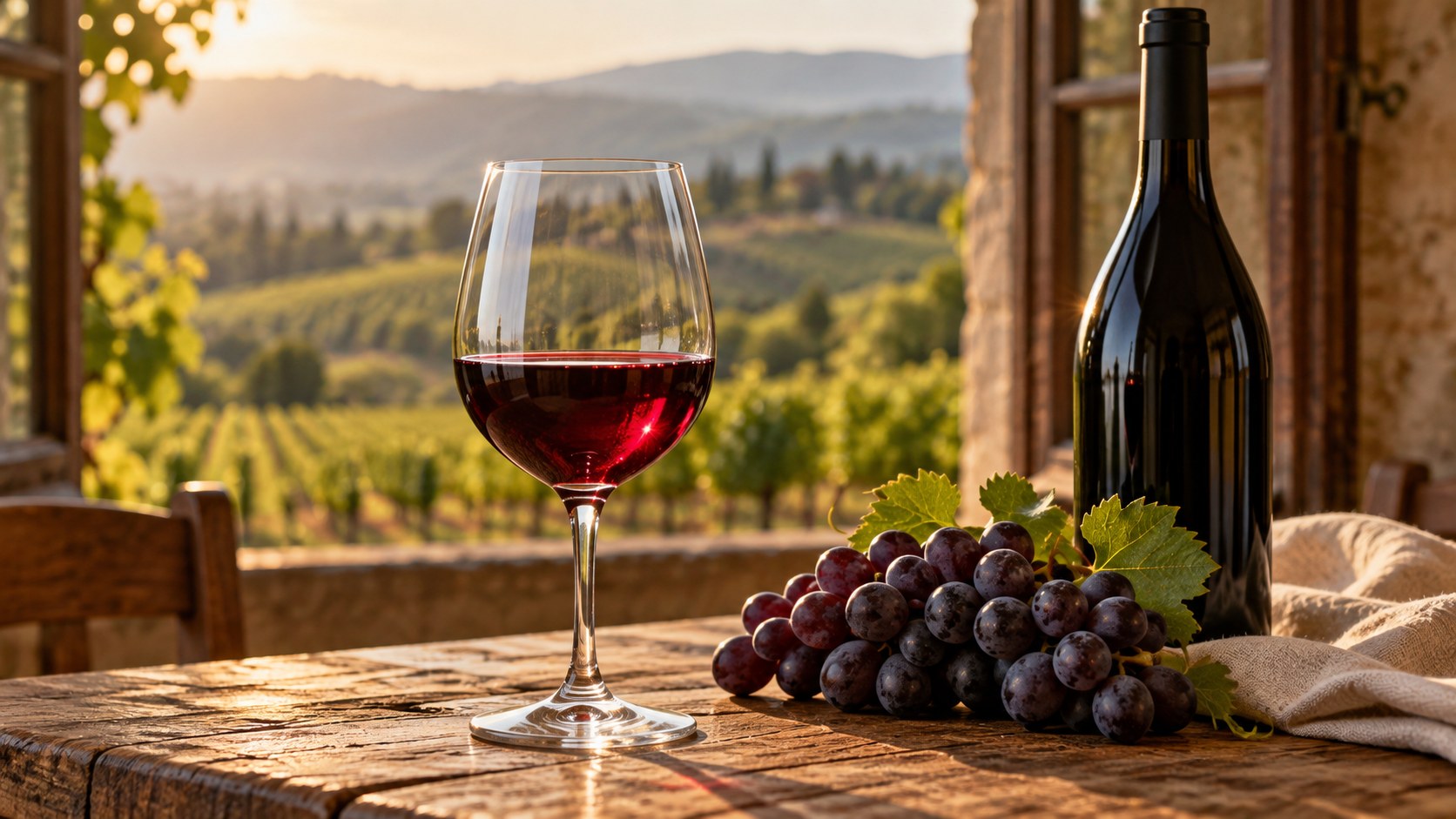 Taça de vinho tinto ao lado de uvas escuras e uma garrafa sem rótulo, sobre uma mesa rústica de madeira. Ao fundo, uma janela aberta revela vinhedos e colinas iluminados pela luz dourada do fim da tarde.