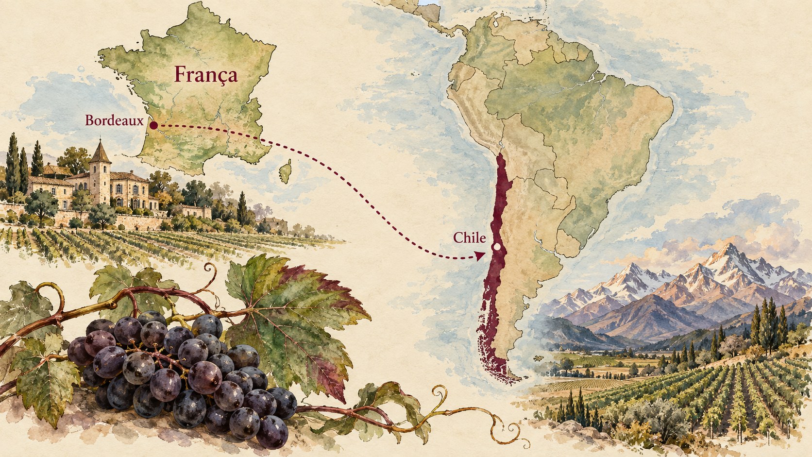Ilustração em aquarela com uma rota pontilhada ligando Bordeaux, na França, ao Chile, destacado no mapa da América do Sul. Uvas escuras, uma propriedade vinícola e vinhedos aos pés dos Andes completam a composição.