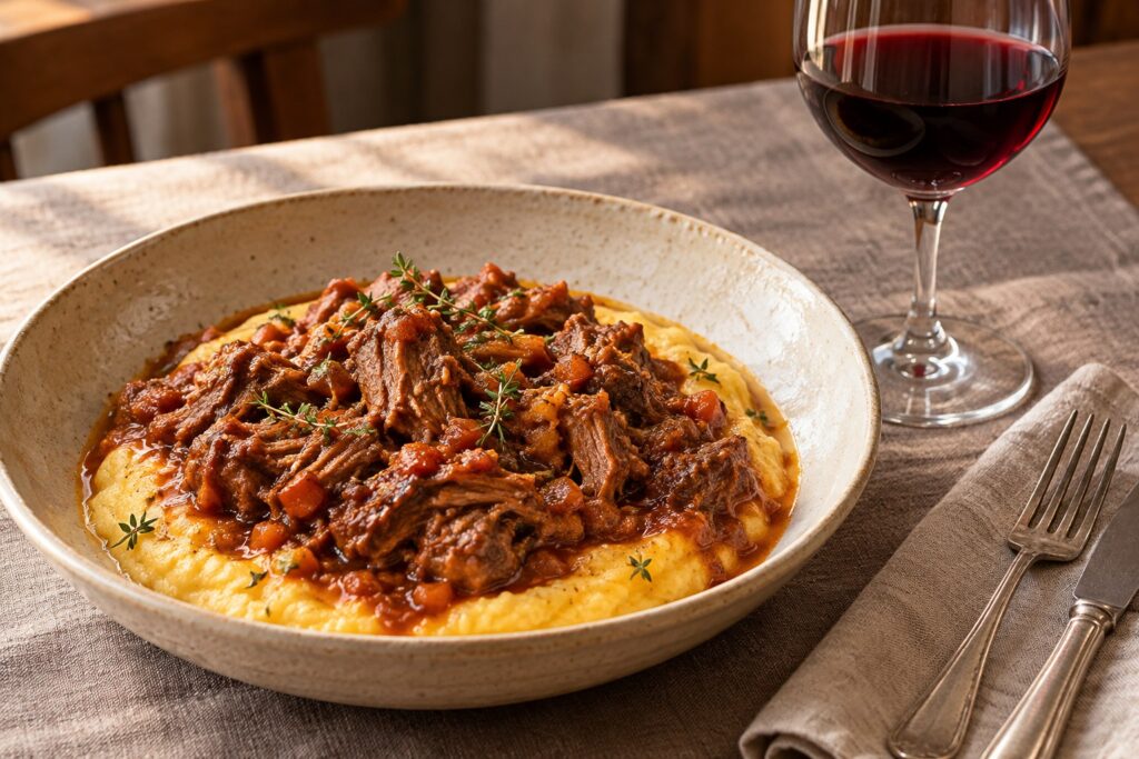 Ragu de cordeiro com molho e ervas sobre polenta cremosa, servido em prato de cerâmica, acompanhado de uma taça de vinho tinto em uma mesa com toalha de linho.