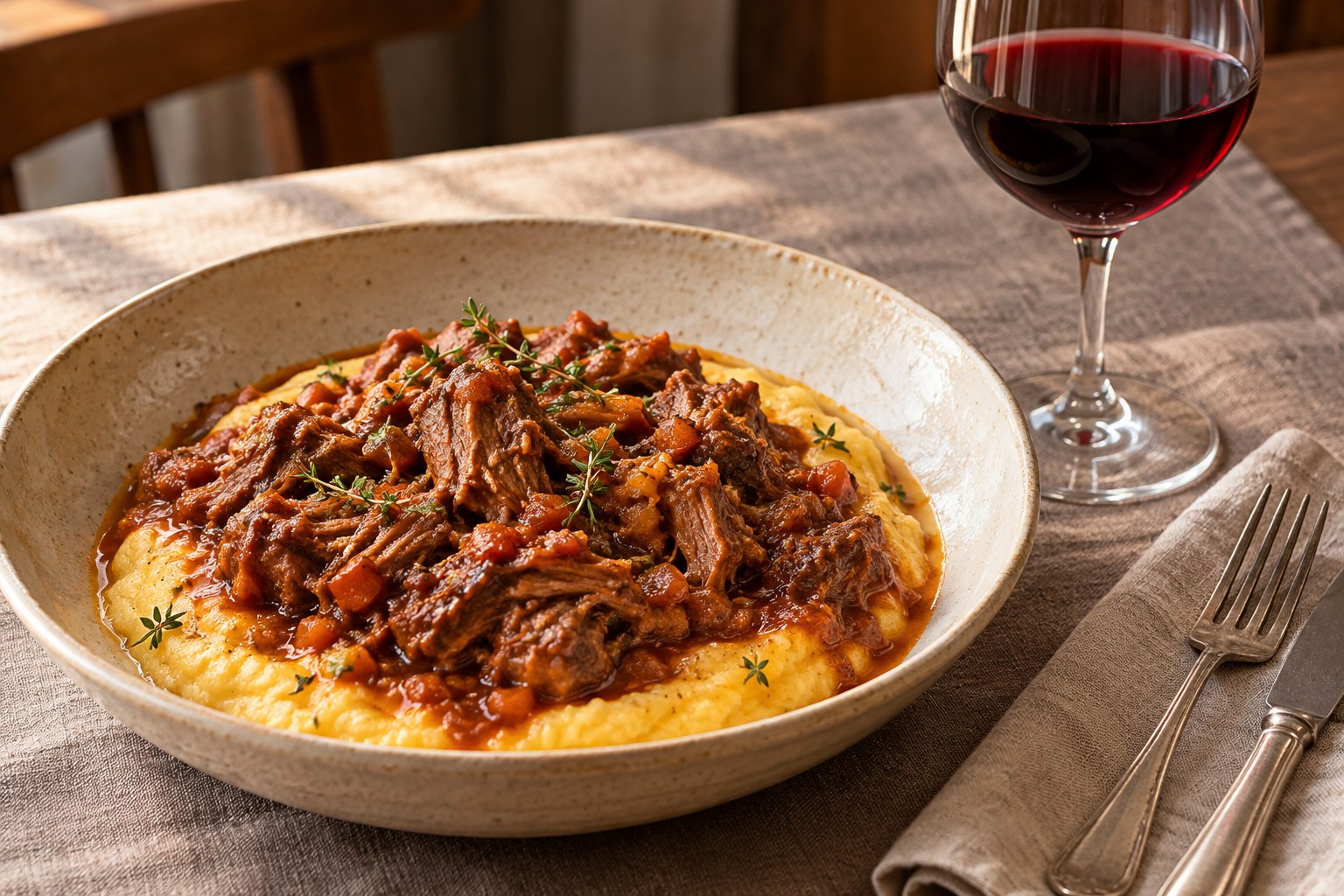 Ragu de cordeiro com molho e ervas sobre polenta cremosa, servido em prato de cerâmica, acompanhado de uma taça de vinho tinto em uma mesa com toalha de linho.