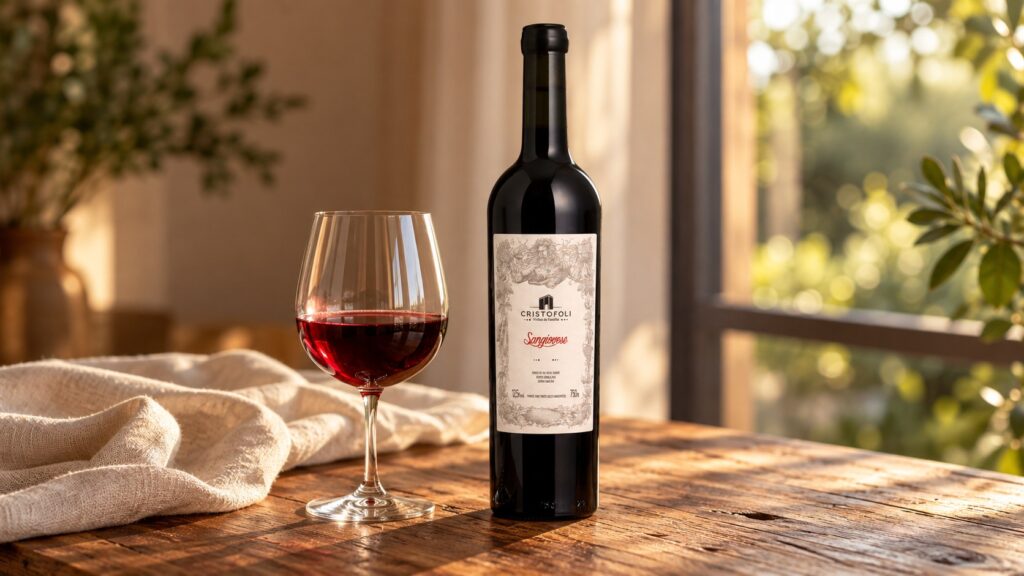 Garrafa de Cristofoli Sangiovese ao lado de uma taça de vinho tinto sobre uma mesa de madeira, com tecido de linho claro e luz dourada entrando pela janela.