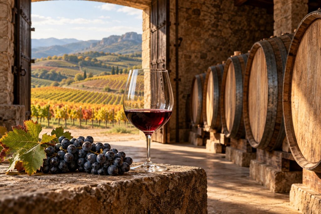 Cachos de uvas escuras e uma taça de vinho tinto sobre uma bancada de pedra, dentro de uma adega com barricas de madeira. Pela porta aberta, aparecem vinhedos iluminados pelo sol. Cena ilustrativa inspirada nas regiões vinícolas espanholas.