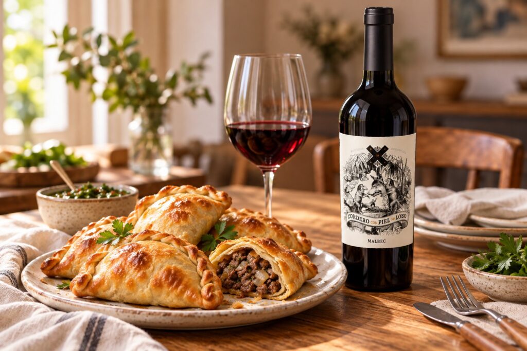 Empanadas douradas sobre uma travessa, uma delas aberta mostrando o recheio de carne, ao lado de uma garrafa de Cordero con Piel de Lobo Malbec e uma taça de vinho tinto, em uma mesa iluminada pela luz natural.