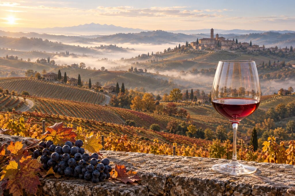 Taça de vinho tinto translúcido e cachos de uvas sobre um muro de pedra, diante de colinas com vinhedos dourados, névoa e um vilarejo ao amanhecer. Cena ilustrativa inspirada no Piemonte, região italiana associada à Nebbiolo.