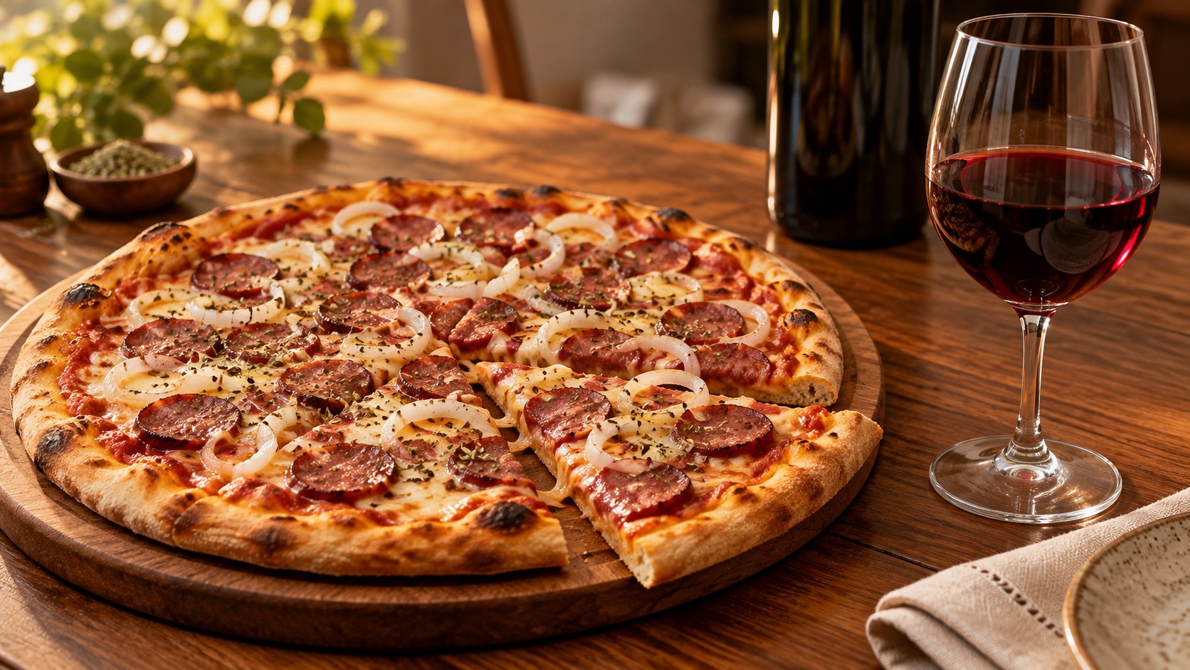 Pizza de calabresa com rodelas de cebola e orégano sobre uma tábua de madeira, ao lado de uma taça de vinho tinto, em uma mesa iluminada por luz dourada.