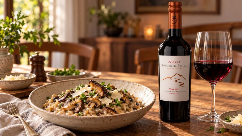 Prato de risoto cremoso de cogumelos, com lascas de parmesão e ervas frescas, sobre uma mesa de madeira. Ao lado, uma garrafa de Zorzal Terroir Único Malbec e uma taça de vinho tinto. A luz dourada da janela cria um ambiente acolhedor.