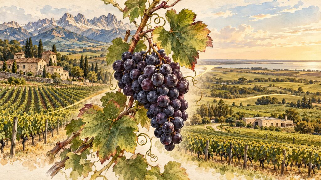 Ilustração em aquarela com um cacho de uvas escuras ao centro. À esquerda, vinhedos próximos às montanhas dos Pirineus; à direita, campos e vinhedos uruguaios, representando a trajetória da Tannat entre os dois territórios.